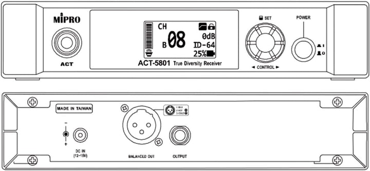 Mipro ACT-5801 Digitaler Drahtloser 1-Kanalempfänger 5,8 GHz + MT-58 Anstecksender für Instrumente
