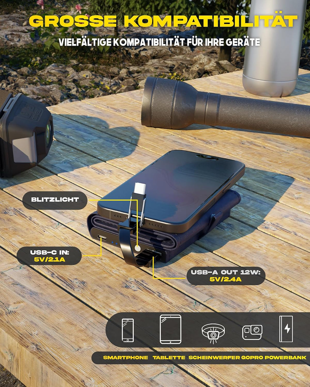 Solar Power Bank mit SunPower Technologie, Handy Ladegerät im Taschenformat, ideal beim Camping oder