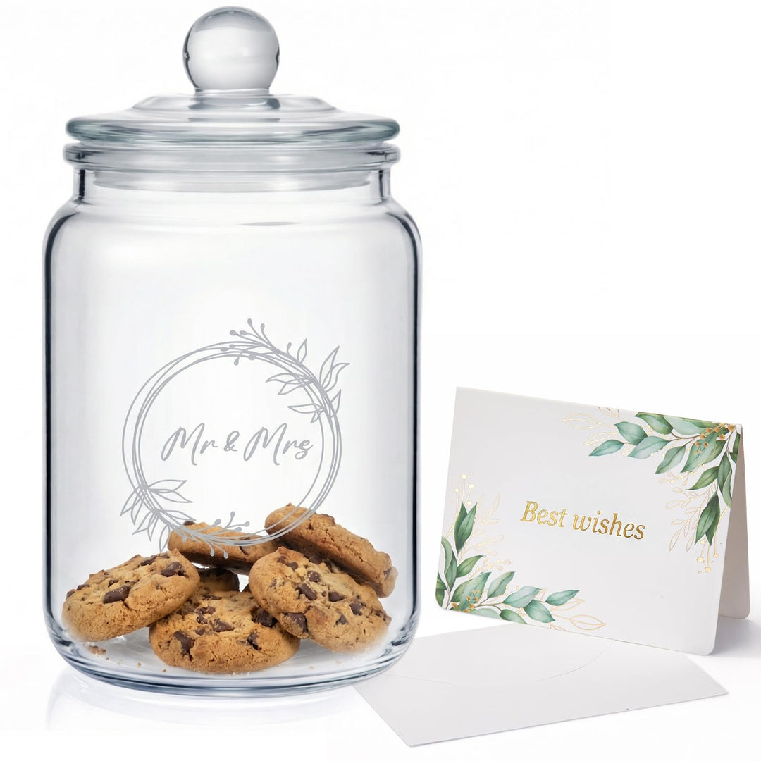 Keksdose aus Glas mit Gravur Mr & Mrs Hochzeitsgeschenk für Brautpaar 1 L Keksglas mit Deckel Bonbon
