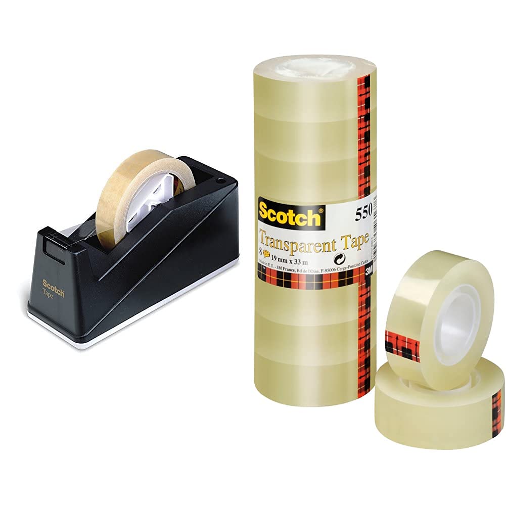 Scotch Klebebandabroller C10 – Tischabroller mit austauschbarem Rollkern in Schwarz &amp; Transparentes