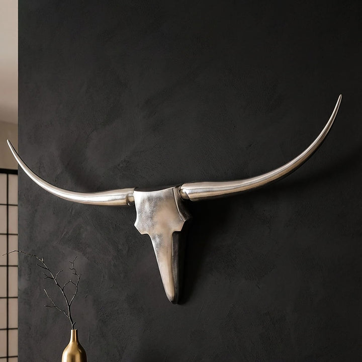 FineBuy Bull Geweih L Wanddekoration 125 cm Deer Alu Aluminium Farbe Silber Wandgestaltung Wandgewei