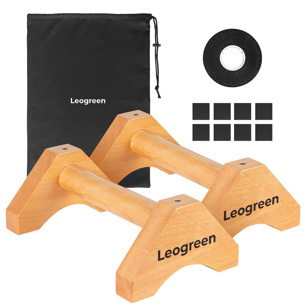 Leogreen Holz Liegestützgriffe, 2 Calisthenics Parallettes mit Antirutschmatte, Antirutschgurten und