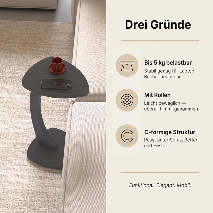 Beistelltisch C-Form Reuleaux-Dreieck, Anthrazit, Sofatisch mit Rollen, Couchtisch Laptoptisch Couch