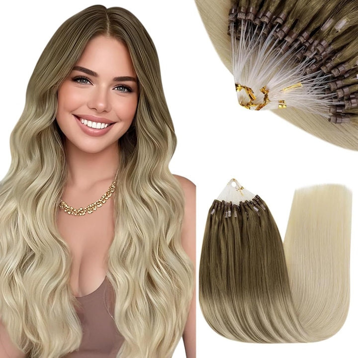 RUNATURE Braun Micro Extensions Echthaar Blond Balayage Ombre 45cm Glatt Micro Loop Echthaar Extensi