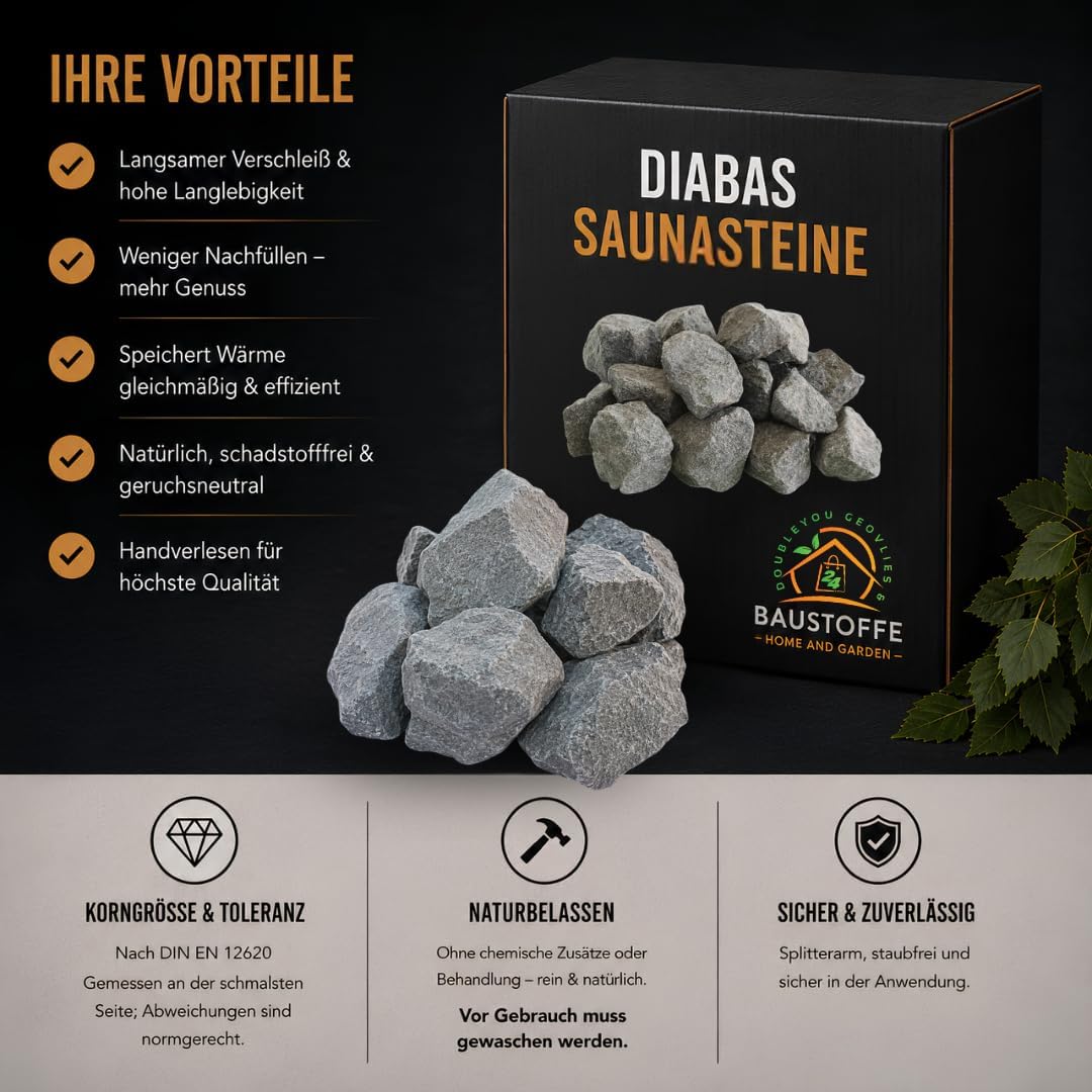 Doubleyou Geovlies &amp; Baustoffe | Saunasteine Premium 5 kg | 32-56 mm DIABAS Klein | Für alle Saunaöf