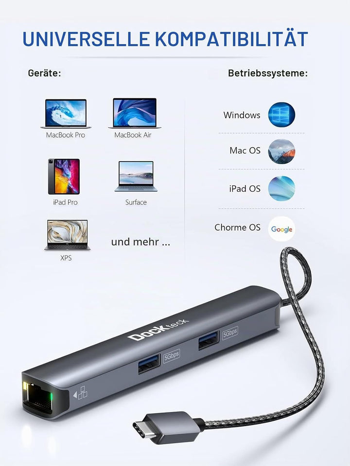 USB C Hub HDMI 4K 60Hz, 6 in 1 Dockteck, Dock Ethernet, MacBook Pro Adapter iPad mit LAN RJ45, 2 USB