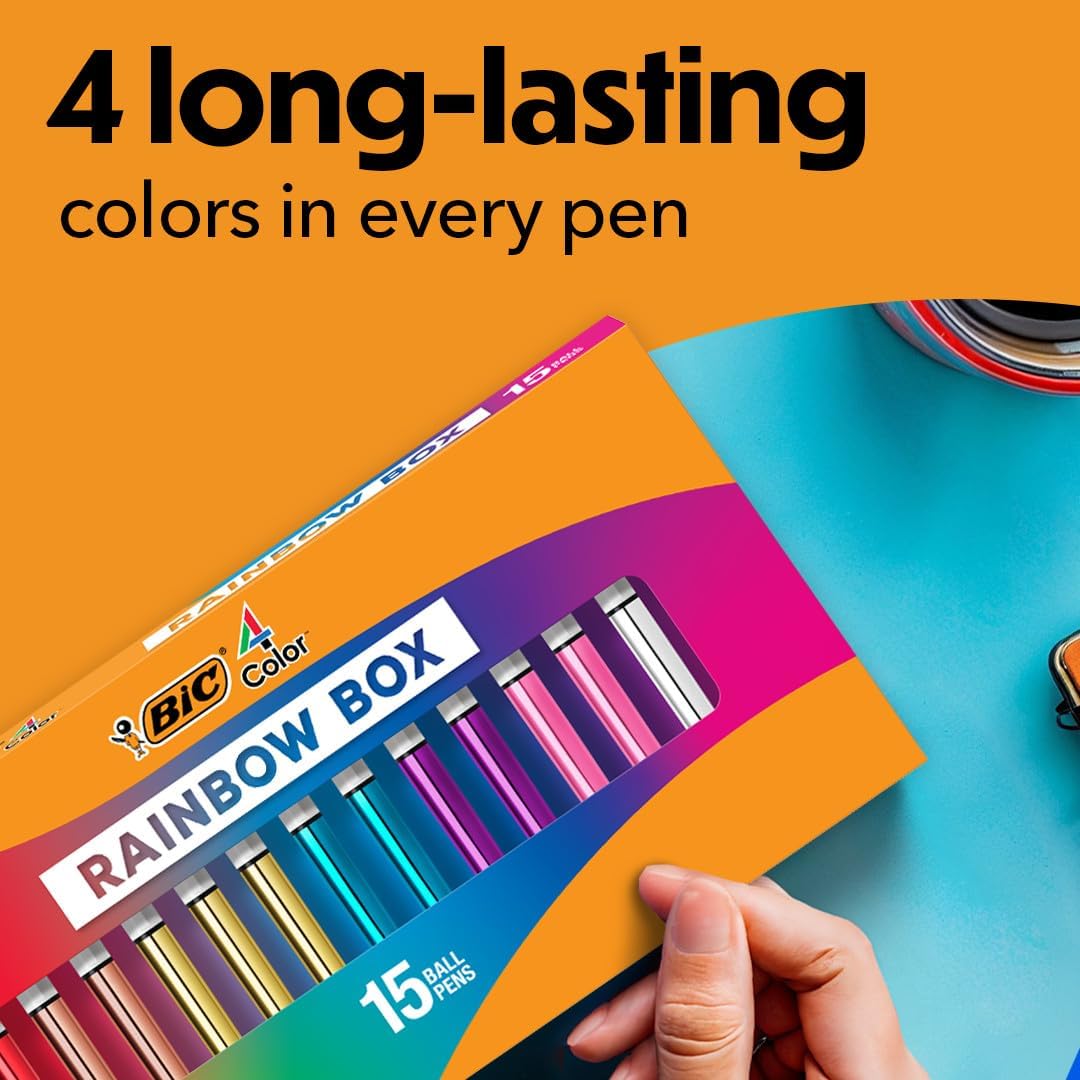 BIC 4-farbiges Rainbow Shine Limited Edition-Set, Box mit 15 Stiften, einziehbare Kugelschreiber, mi