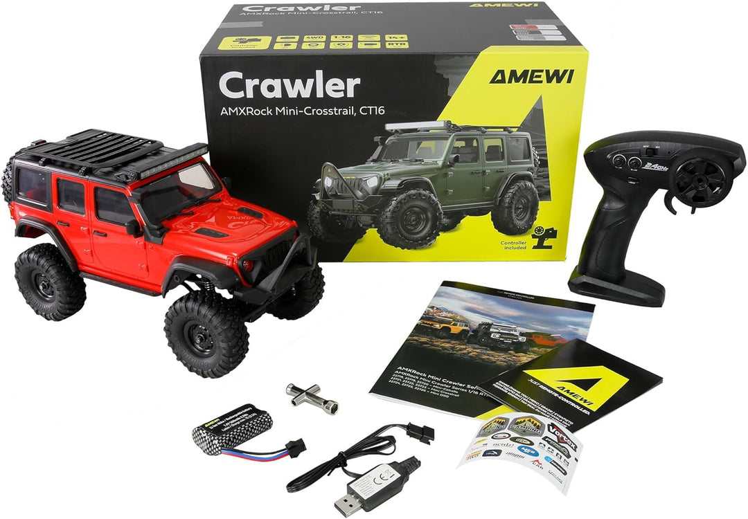 Amewi AMXRock Mini-Crosstrail Scale Crawler 4WD 1:16 RTR rot inkl. Fernsteuerung, Akku, Ladekabel