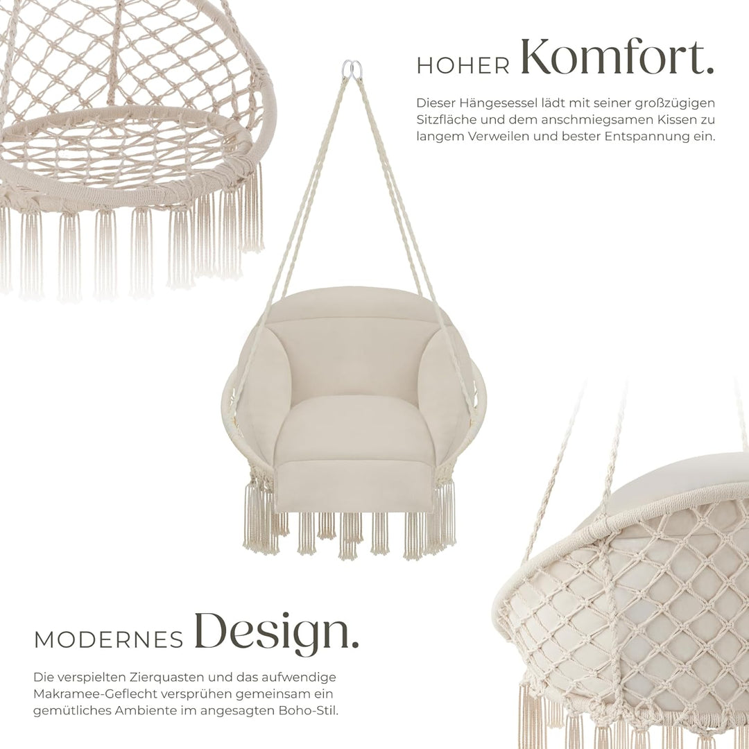 tectake® Hängesessel, Hängeschaukel mit dicken Kissen & Quasten, Boho Hängekorb Ø 80 cm, Hängesessel