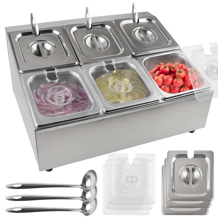 TOROKOM 6 Pfannen Edelstahl Zutatenbehälter Gewürz Organizer aus Edelstahl Salatbar Buffet Station m