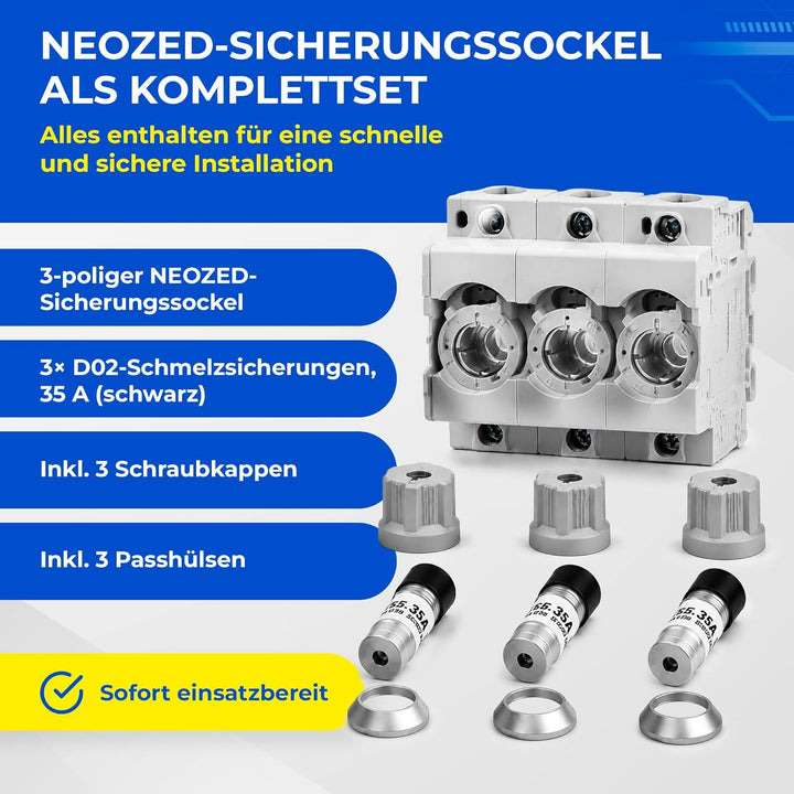 grenda-hammer® | Neozed Sicherungssockel mit Schraubkappen und 3x Schmelzsicherungen (D02-3x35 Ampèr
