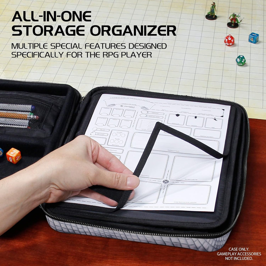 ENHANCE RPG-Organizer-Etui, Sammleredition – DND-Ordner mit integriertem Charakterbogenhalter, Würfe