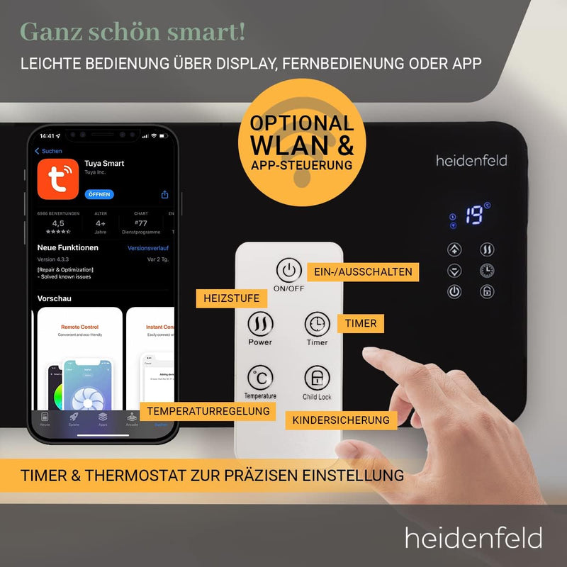 Heidenfeld Konvektor Heizung GK200 | 𝟯 𝐉𝐀𝐇𝐑𝐄 𝐆𝐀𝐑𝐀𝐍𝐓𝐈𝐄 - Glaskonvektor mit WLAN - 2000 Watt - Heizlüf