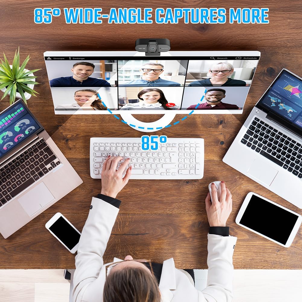 OFFCUP Full HD Webcam, 2K Webcam mit Mics Geräuschunterdrückung, USB Webcam Autofokus Streaming Kame