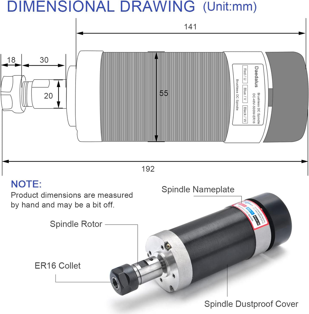 Daedalus CNC Bürstenloser Spindelmotor Kit, 500w, ER16, 48V DC, 12000RPM ER16 500 W Er16-Kit