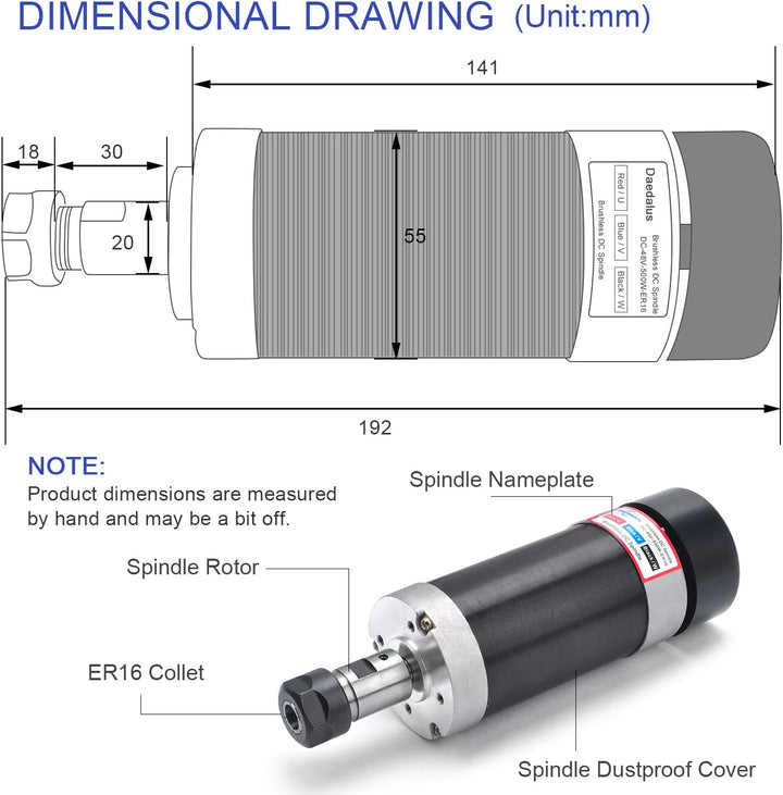 Daedalus CNC Bürstenloser Spindelmotor Kit, 500w, ER16, 48V DC, 12000RPM ER16 500 W Er16-Kit