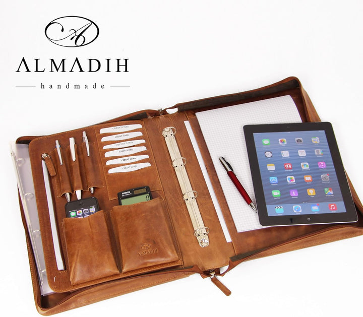 ALMADIH Leder A4 Aktenmappe mit Ringbuch Reissverschluss Tragegriff Schreibblock Premium Rindsleder