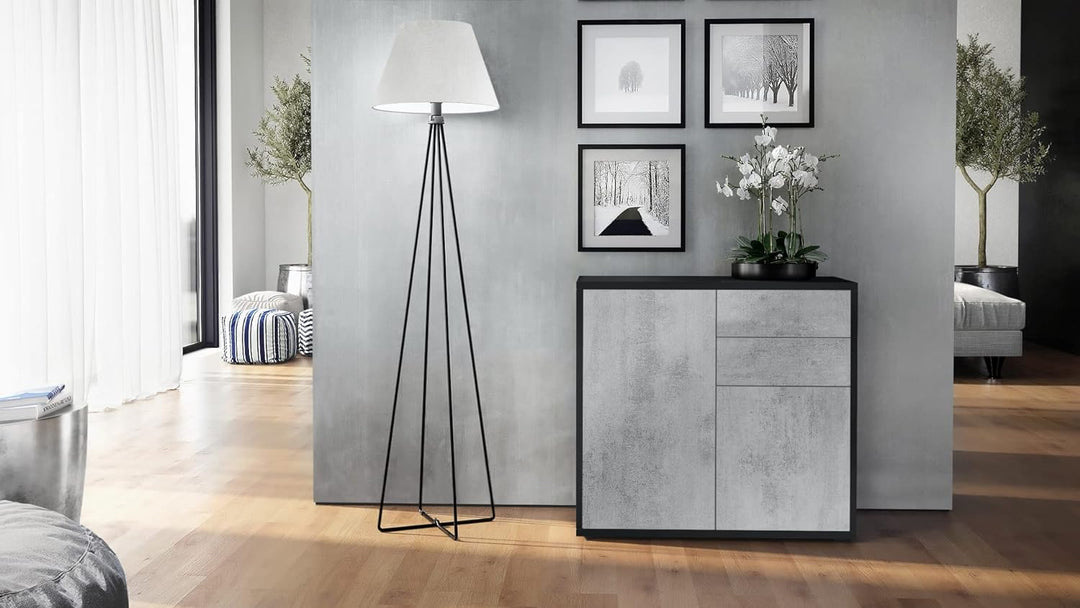 Vladon Sideboard Ben, Kommode mit 2 Türen und 2 Schubladen, Schwarz matt/Beton Oxid-Optik (79 x 74 x