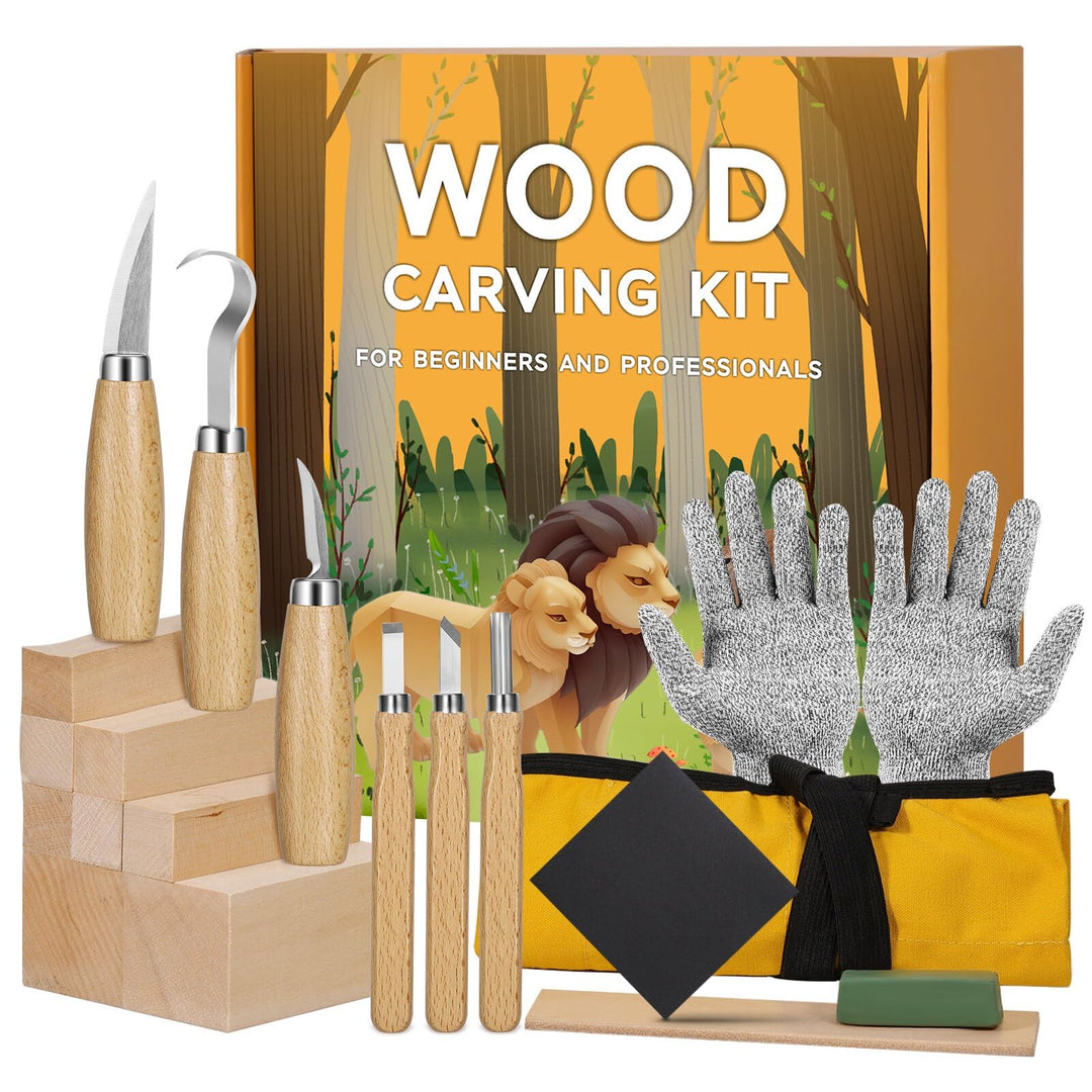Holzschnitzwerkzeuge Set für Kinder & Anfänger – 19-in-1 Holzschnitzset mit 8 Lindenholz-Blöcken, 6