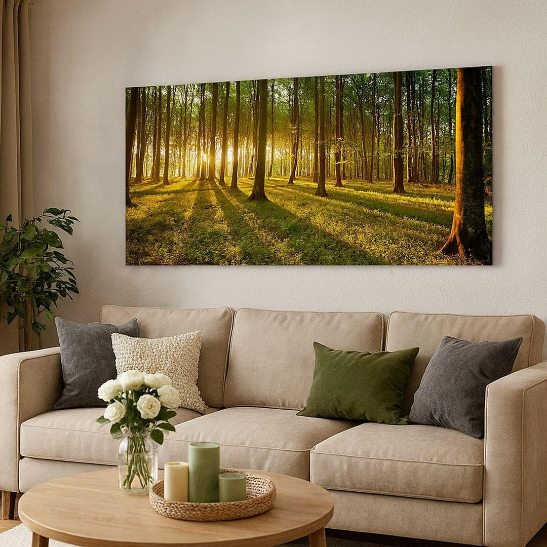 Wandbilder Dekoration Wohnzimmer Wald grün Sonnenstrahlen Natur Panorama Bilder auf Leinwand 120x50c