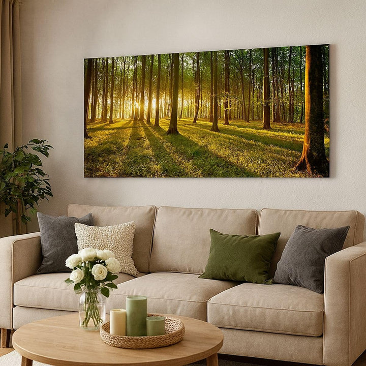Wandbilder Dekoration Wohnzimmer Wald grün Sonnenstrahlen Natur Panorama Bilder auf Leinwand 120x50c