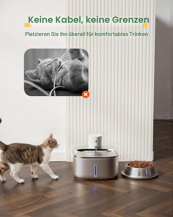 Gimars Katzenbrunnen Kabellos Edelstahl 3.2L Super Leise Trinkbrunnen für Katze Brunnen Katzenbrunne