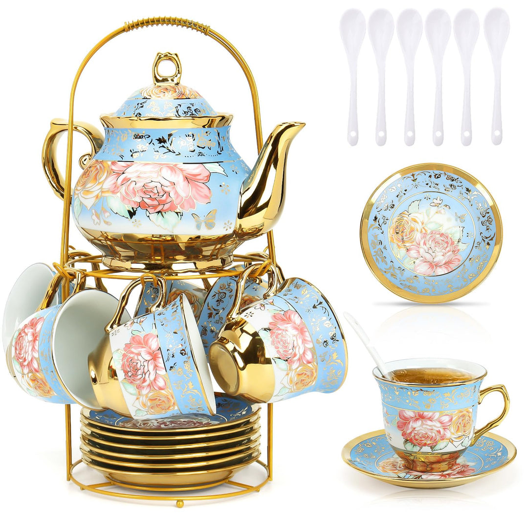 Blau Blume Porzellan Teeservice, Rose Ceramic Tea Set, Vintage Tea Set with Teapot, Metallständer, 1