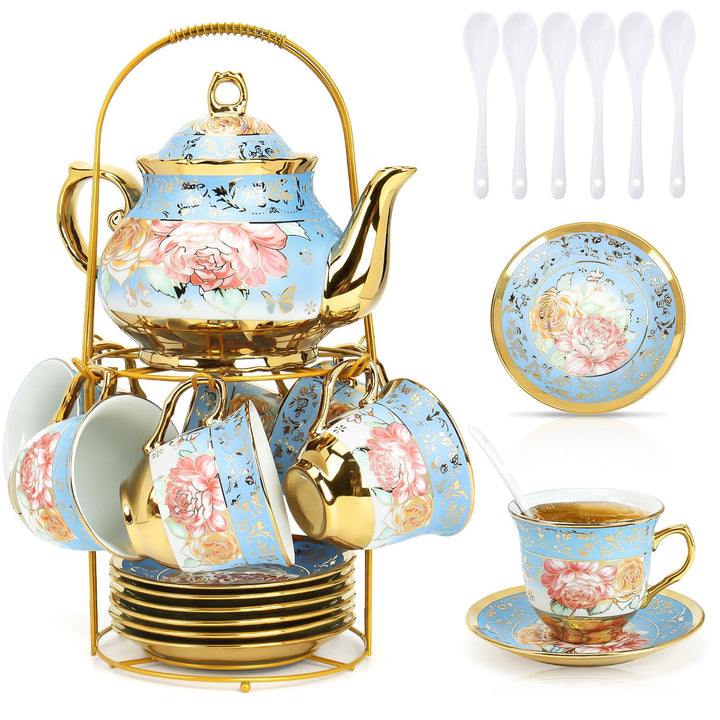 Blau Blume Porzellan Teeservice, Rose Ceramic Tea Set, Vintage Tea Set with Teapot, Metallständer, 1