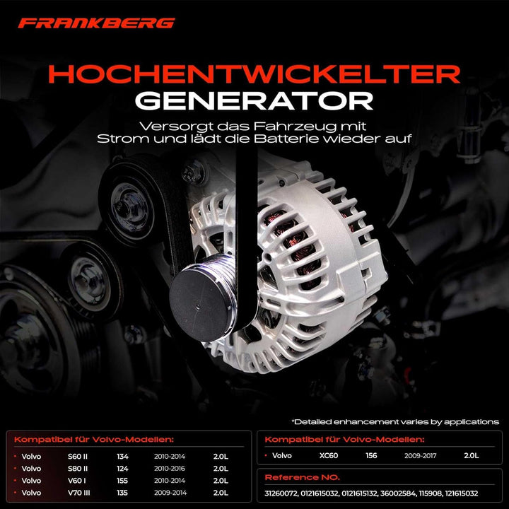Frankberg Alternator Lichtmaschine Generator Kompatibel mit S60 II 134 2.0L 2010-2016 V60 I 155 157