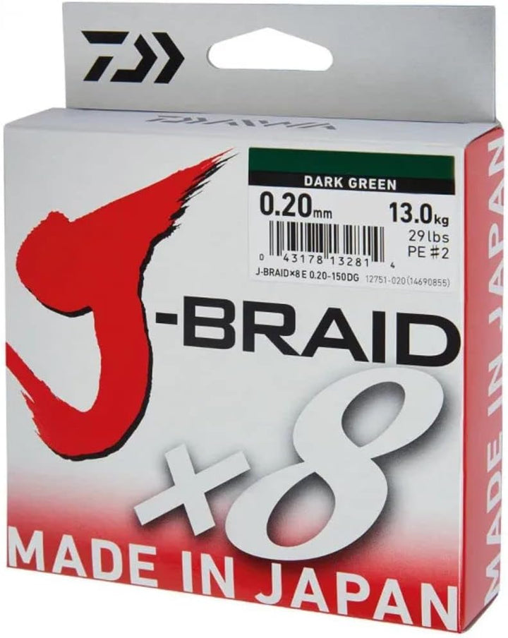 Daiwa 2 STK J-Braid 8 Braid 0.20mm, 13,0kg/29,0lbs, 300m dunkelgrün (Doppelpack)