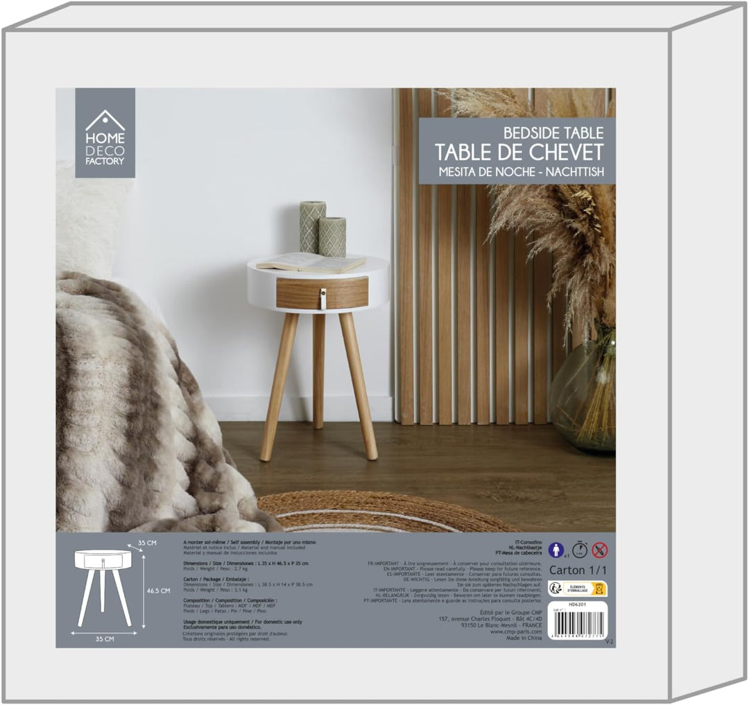Home Deco Factory HD6201 Nora Nachttisch, Möbel, für Schlafzimmer, Holz/MDF, 35 x 35 x 46,5 cm, Weis