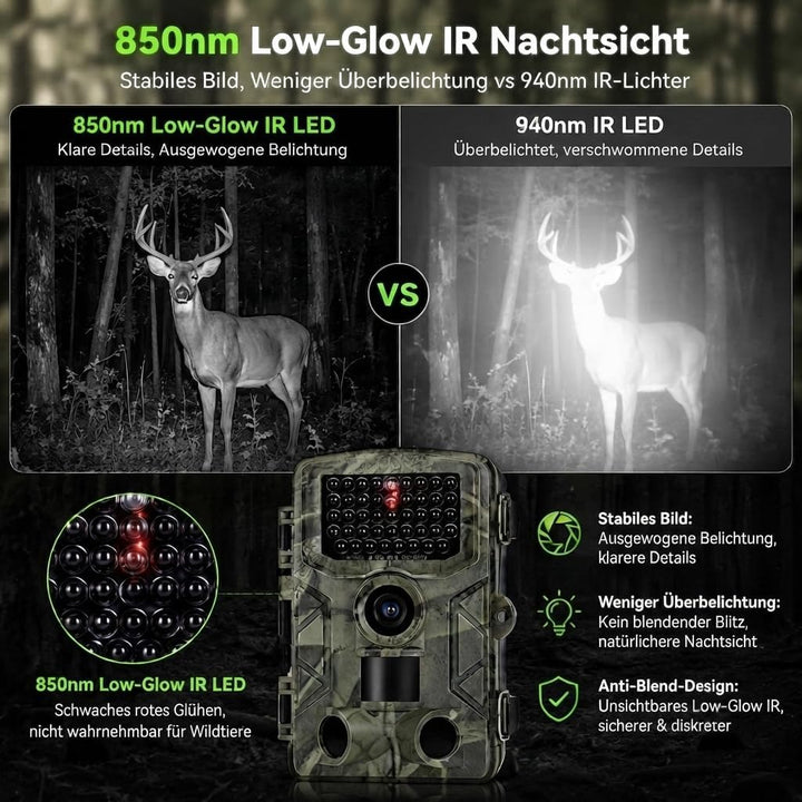 Wildkamera 4K 50MP, Wildtierkamera mit Nachtsicht Bewegungsmelder Weitwinkel 120°, 850nm IR LEDs Nac