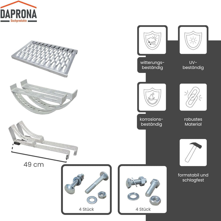 DAPRONA Laufrost Set für Flache Dachziegel, Dachtritte für Schornsteinfeger Silber 60cm, inkl. Monta