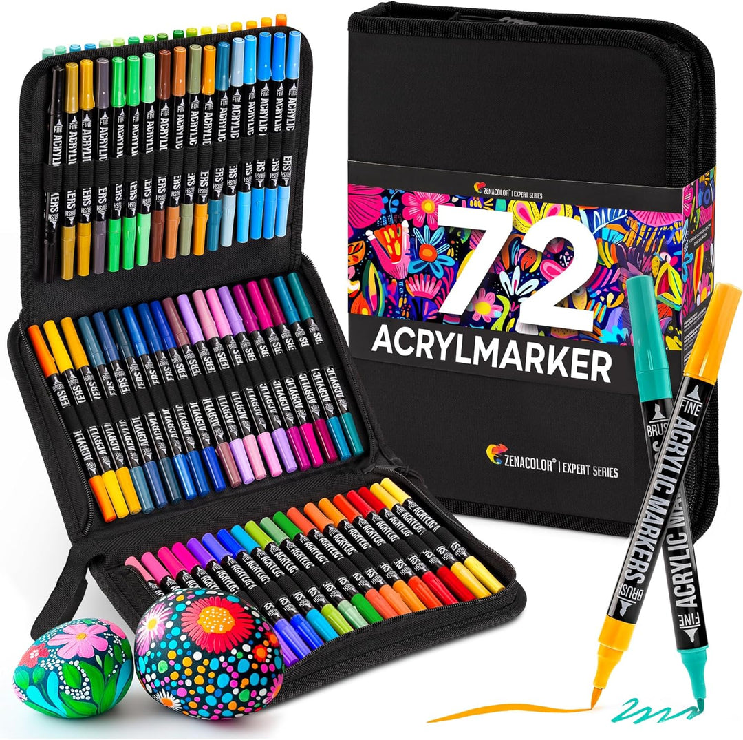 Zenacolor 72 Acrylstifte für Steine Wasserfest - mit Doppelspitze (feine Spitze und Pinsel) zum Zeic