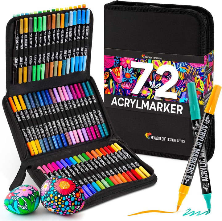 Zenacolor 72 Acrylstifte für Steine Wasserfest - mit Doppelspitze (feine Spitze und Pinsel) zum Zeic