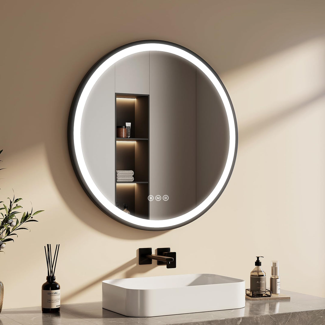 EMKE Badspiegel Rund Schwarz 80 cm, Antibeschlag | Badspiegel mit Beleuchtung und Touchschalter, 3 d