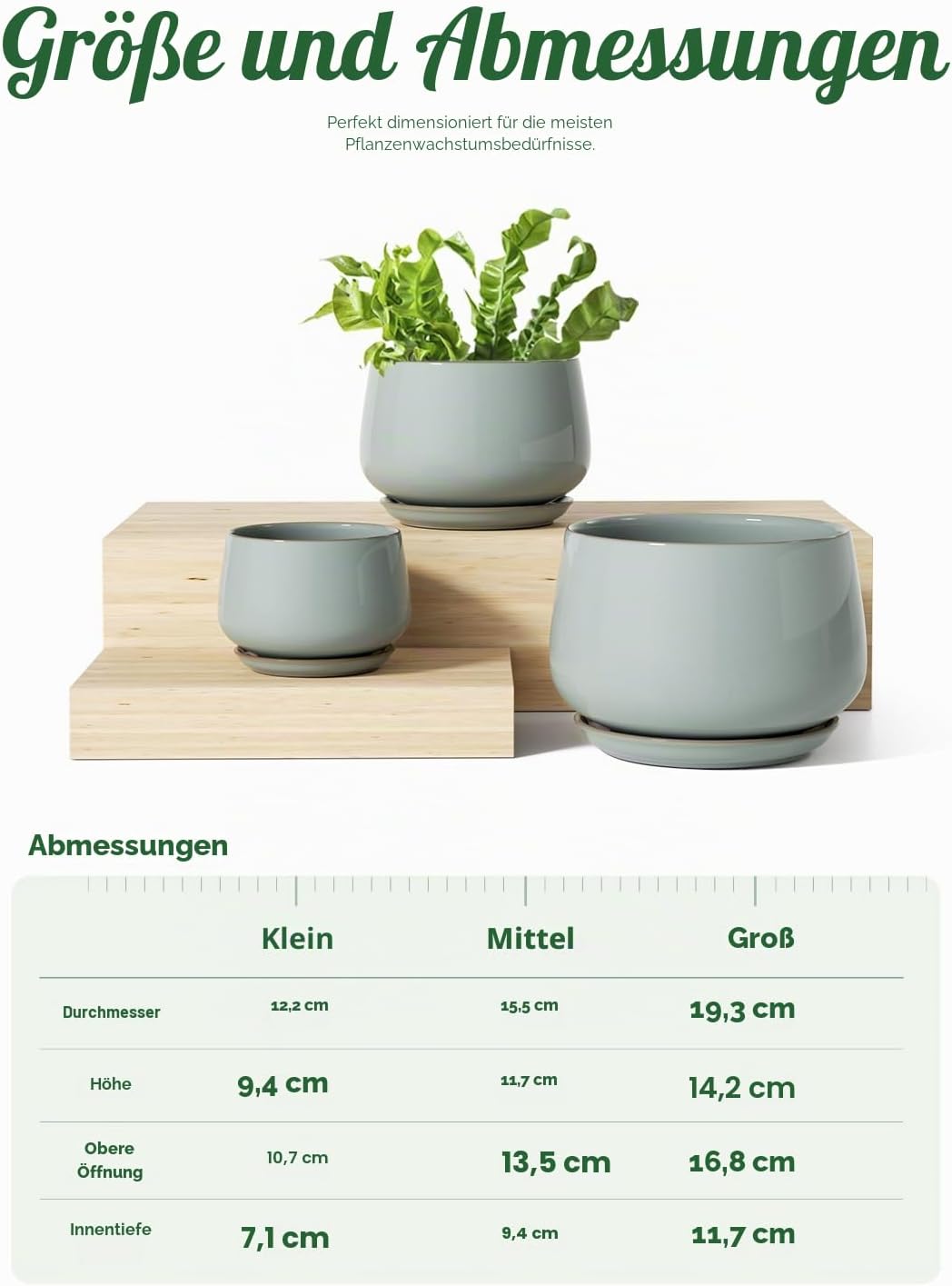 LE TAUCI Blumentöpfe für Zimmerpflanzen, 4,1 + 5,1 + 16,5 cm, 3 Stück, Keramik-Pflanzgefässe mit Dra
