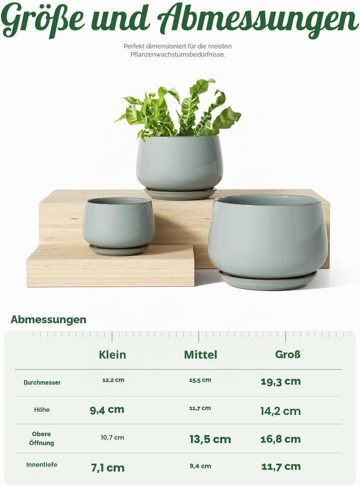 LE TAUCI Blumentöpfe für Zimmerpflanzen, 4,1 + 5,1 + 16,5 cm, 3 Stück, Keramik-Pflanzgefässe mit Dra