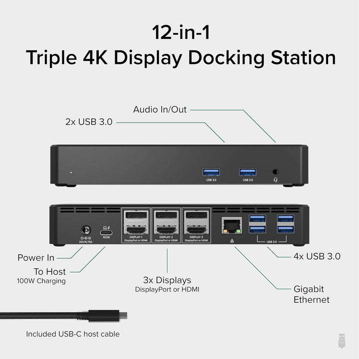 Plugable 12-in-1 USB C Dockingstation Dreifach-Monitor, Triple 4K-Displays mit 3X HDMI oder 3X Displ