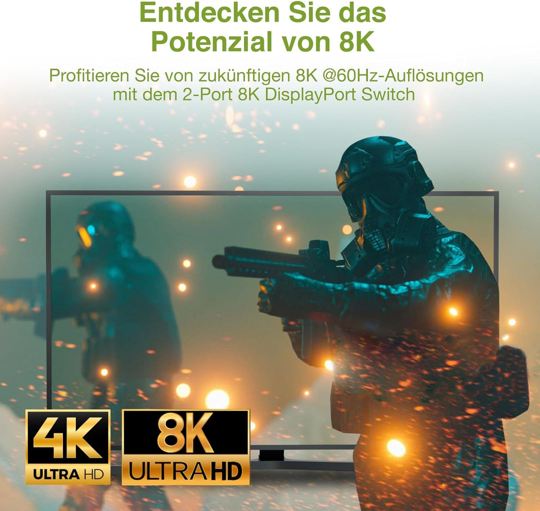 IOGEAR Displayport Switch, 8K Displayport 1.4 Splitter, 2 Eingänge 1 Ausgang 8K@60Hz 4K@120Hz Konver