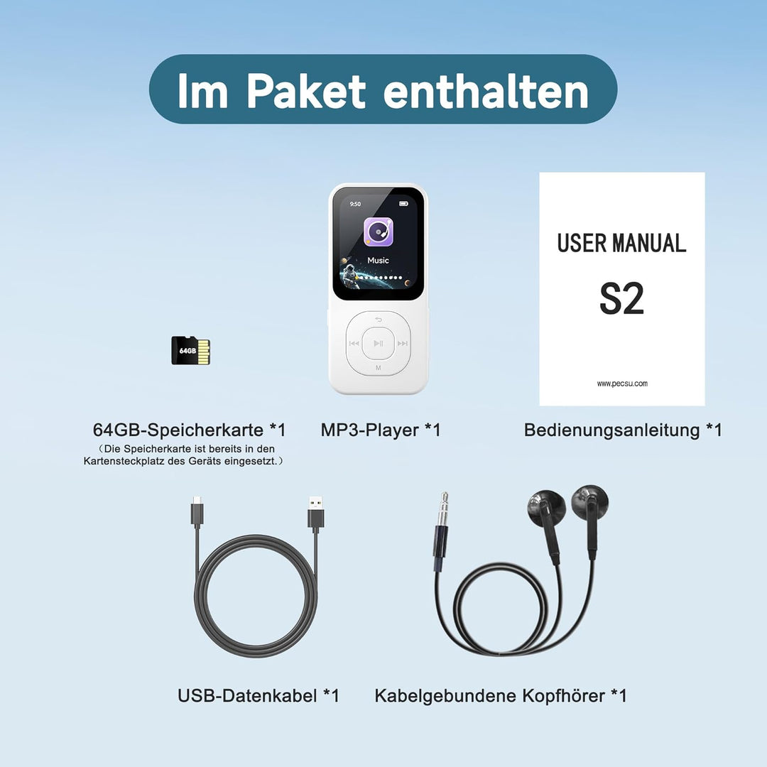 64GB MP3-Player mit Bluetooth 5.3, PECSU HD-Bildschirm Musikplayer mit Lautsprecher, UKW-Radio, Spra