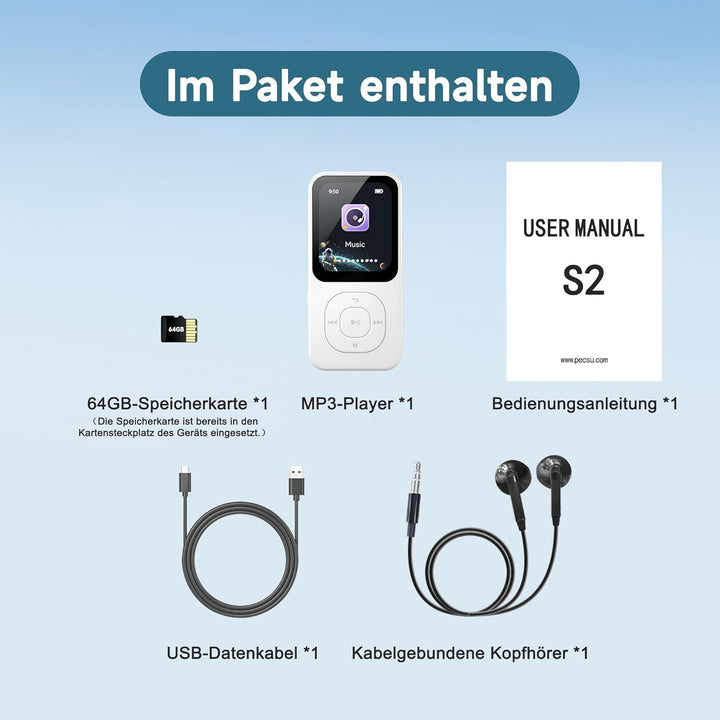 64GB MP3-Player mit Bluetooth 5.3, PECSU HD-Bildschirm Musikplayer mit Lautsprecher, UKW-Radio, Spra