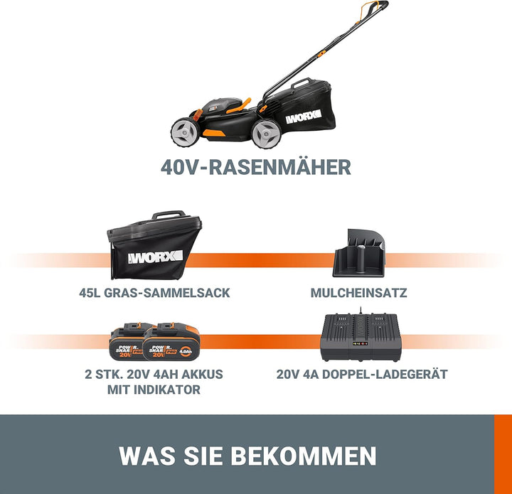 WORX WG743E Akku-Rasenmäher 40V & WG163E.9 Akku Rasentrimmer 20V – Kantenschneider Rasen – 2-in-1 Fu