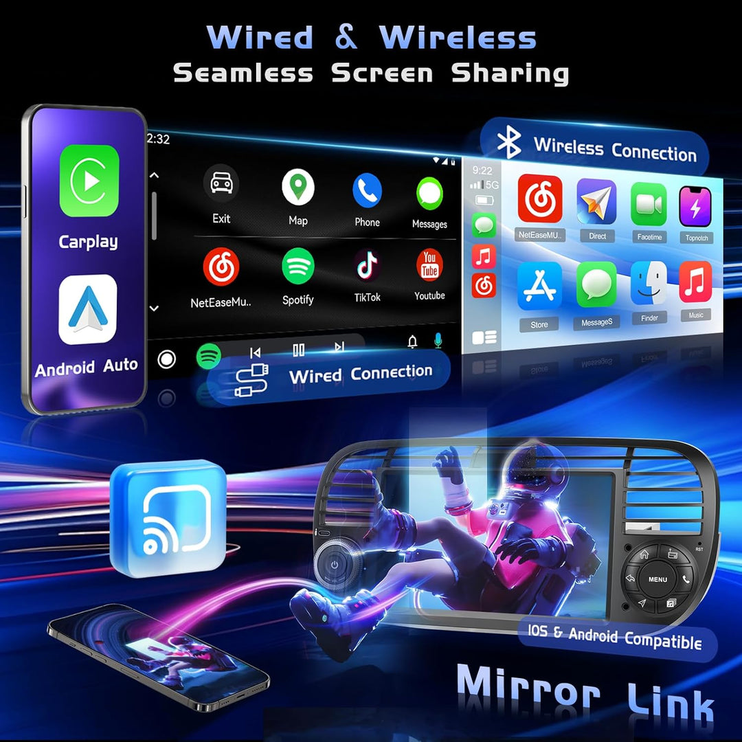Hikity 4+128G Android Autoradio mit Bildschirm für FIAT 500 2007-2015 Wireless Carplay, Autoradio mi