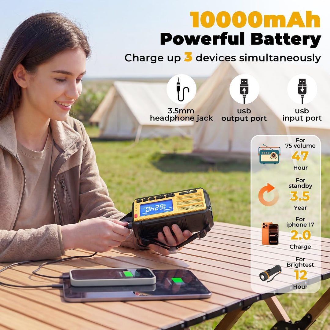 Esky Kurbelradio, 10000mAh Solar Notfallradio mit AM/FM Wiederaufladbare Weltempfänger, USB Lader, L