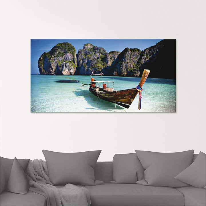 ARTland Glasbilder Wandbild Glas Bild einteilig 125x50 cm Querformat Strand Meer Südsee Boot Thailan