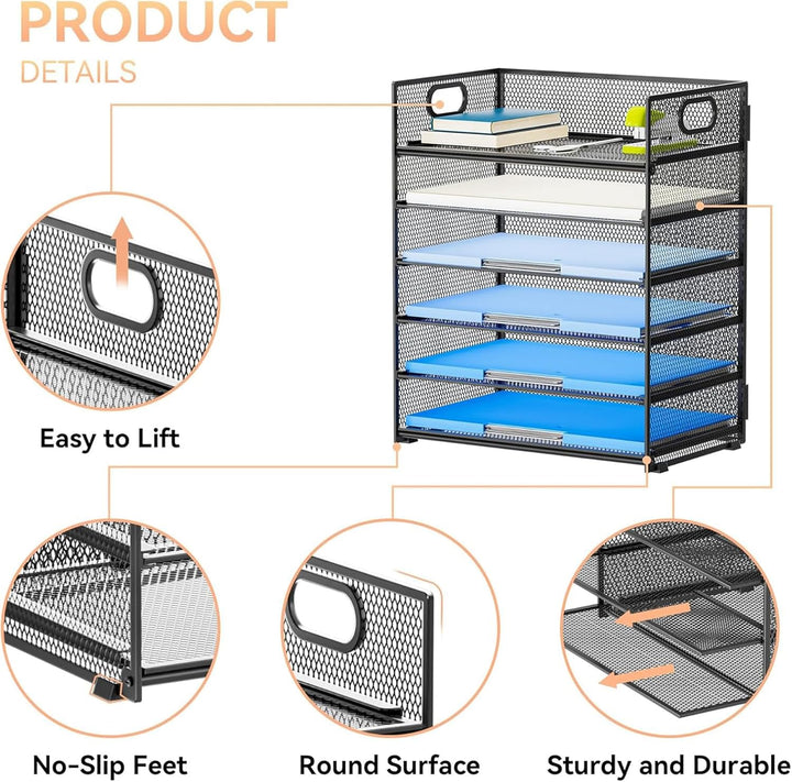 6 Ebenen Papier Organizer Briefablage Organizer, Mesh Metall Schreibtisch Akten Organizer mit Griff,