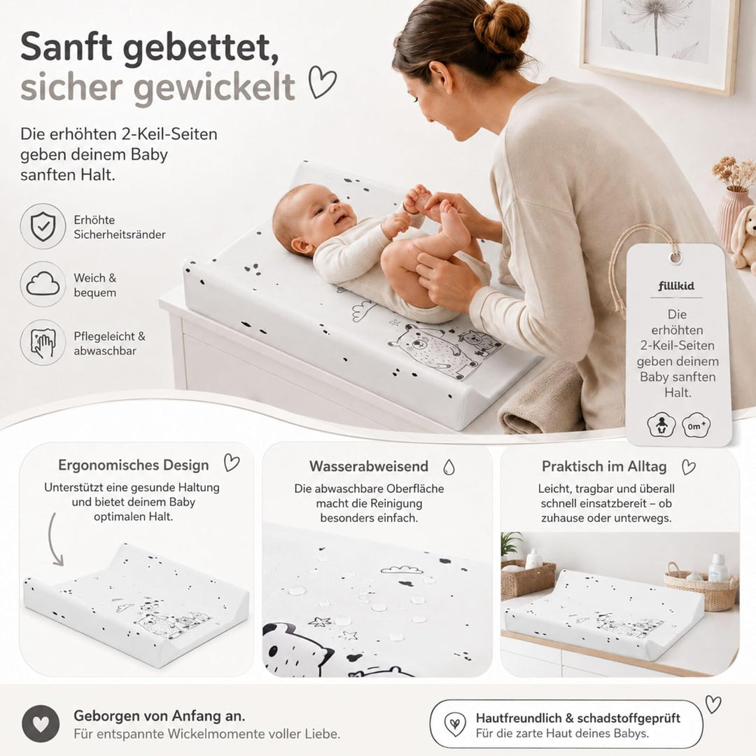 Fillikid Wickelauflage 2-Keil Exclusiv/Wickelmulde 50x65 cm/Wickelunterlage mit abwaschbarer Folienb