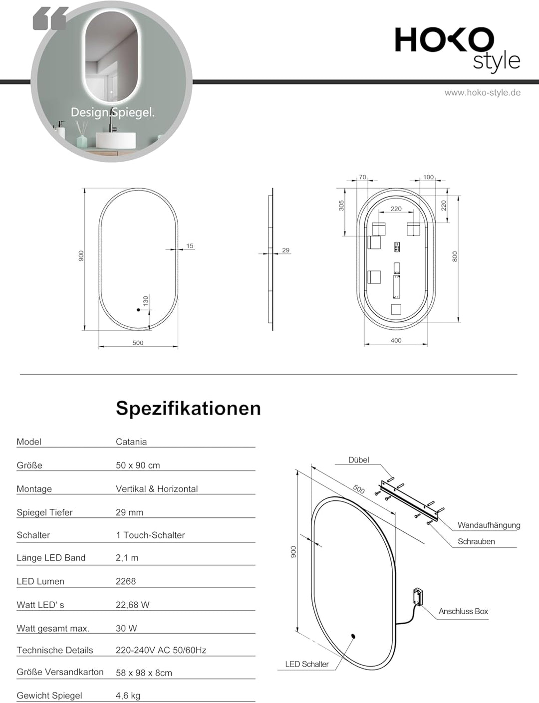 HOKO LED Spiegel oval 50 x 90 cm. HOCH + QUER Montage. Badezimmer Spiegel aussen LED beleuchtet, ide
