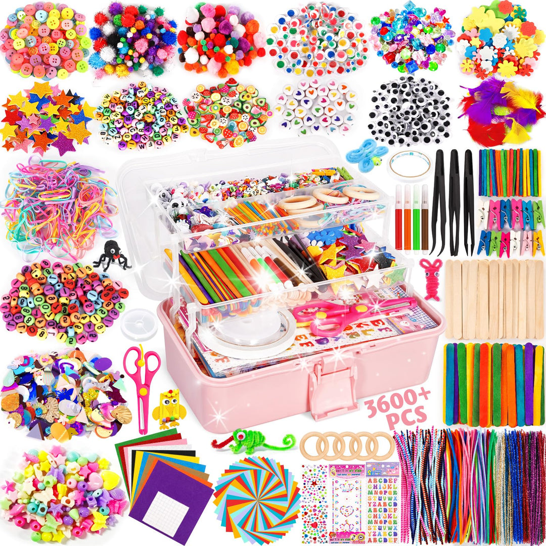 Purpledi 3600+ Stück Bastelset für Kinder Bastelmaterial in Bastelkoffer, Bastelset Kinder DIY Baste